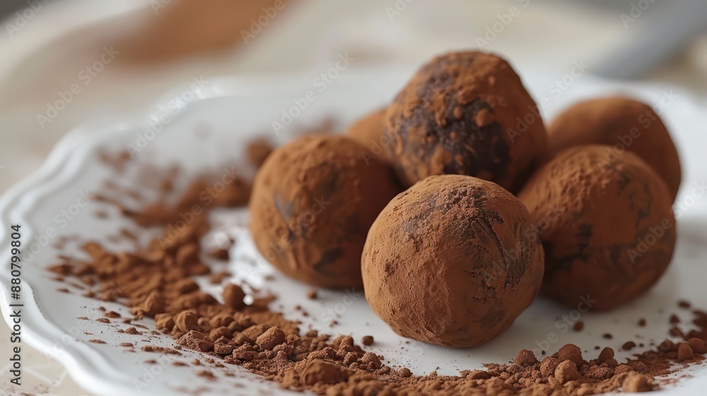 A plate of four chocolate covered balls with powdered sugar on top A plate of four chocolate covered balls with powdered sugar on top