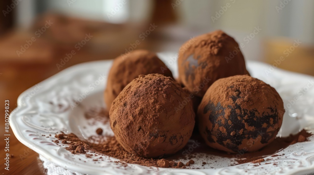A plate of four chocolate covered balls with powdered sugar on top A plate of four chocolate covered balls with powdered sugar on top