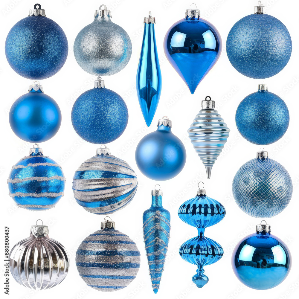 A collection of shiny blue and silver Christmas ornaments in various shapes and sizes, isolated on white background. A collection of shiny blue and silver Christmas ornaments in various shapes and sizes, isolated on white background.