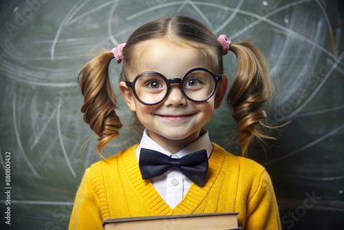 A pretty girl with glasses and books in her hands. The child goes to school for the first time. A child in the classroom on the background of a blackboard. Back to school.