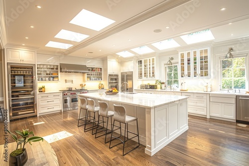 Spacious White Kitchen with Island, Stainless Steel Refrigerator, Wood Floors, Skylights, White Cabinets, Bookshelves, Light Fixtures, Photographed with Canon EOS in Shallow Depth of Field