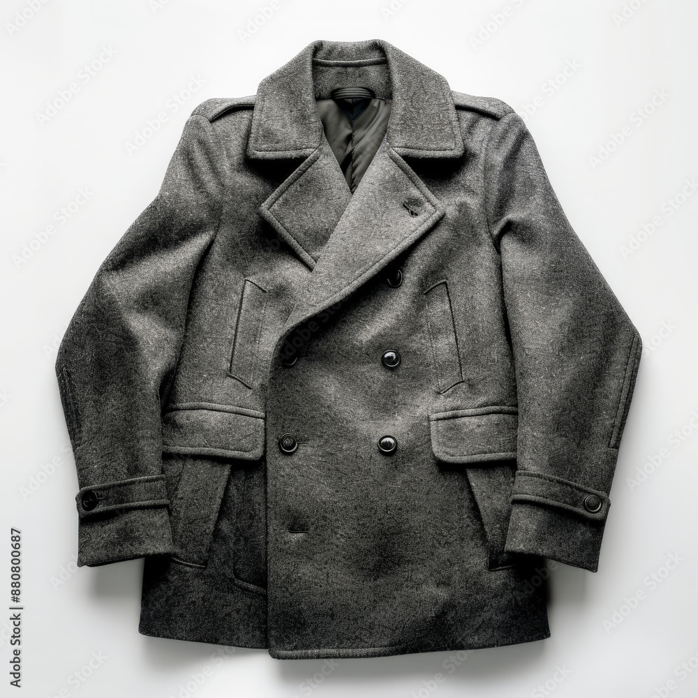 A stylish grey wool coat with a double-breasted design and large buttons, isolated on white background. A stylish grey wool coat with a double-breasted design and large buttons, isolated on white background.