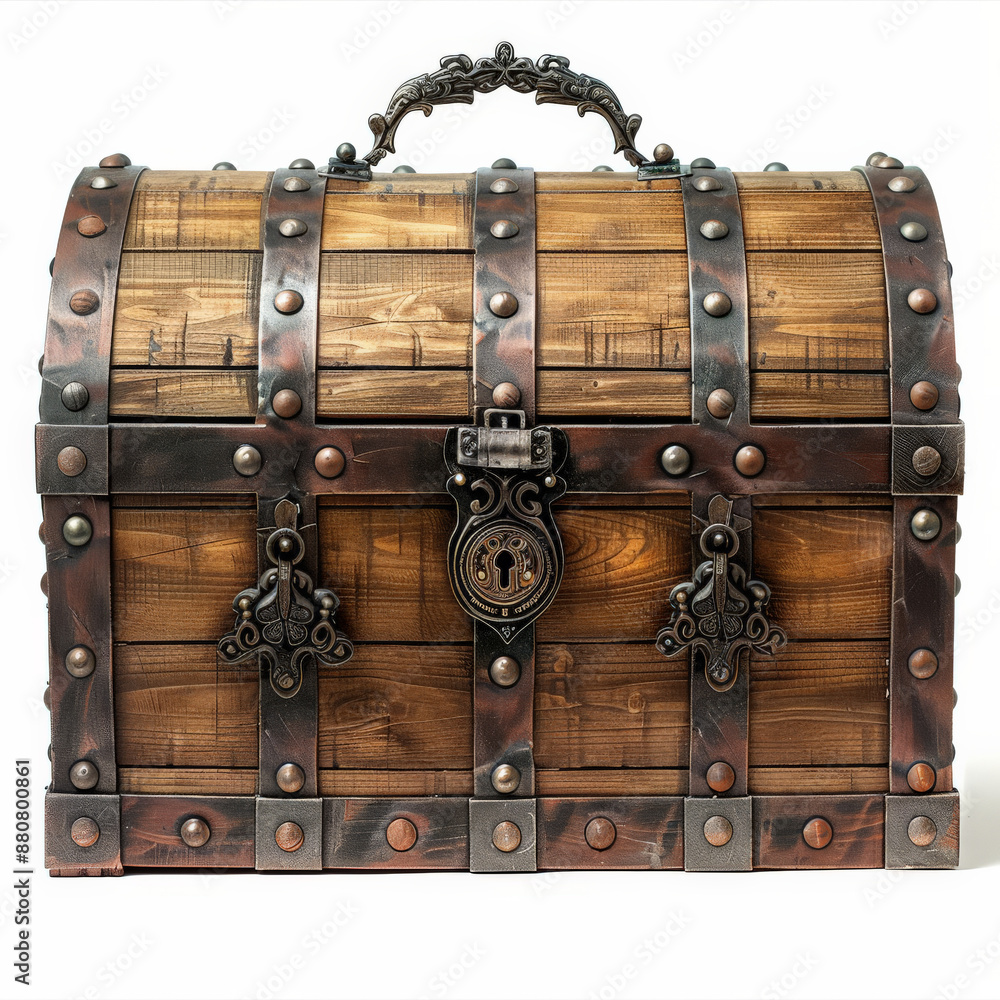 A large, sturdy wooden treasure chest with heavy metal straps and a decorative lock, emanating an aura of mystery, isolated on white background. A large, sturdy wooden treasure chest with heavy metal straps and a decorative lock, emanating an aura of mystery, isolated on white background.