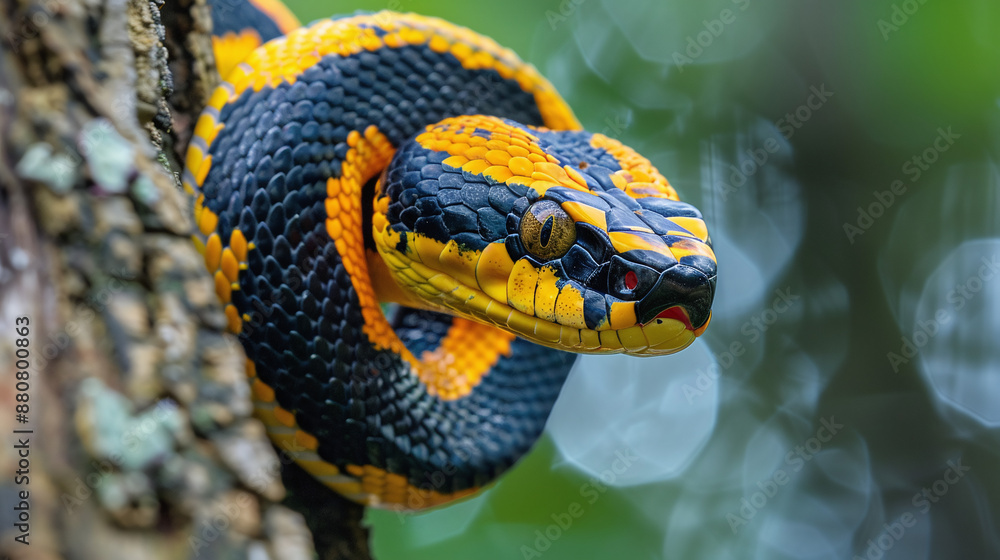 Fototapeta premium Yellow snake on a tree in the wild savannah
