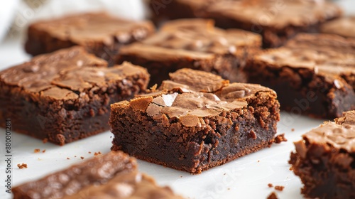 Freshly baked brownies with a crumbly and fudgy top.