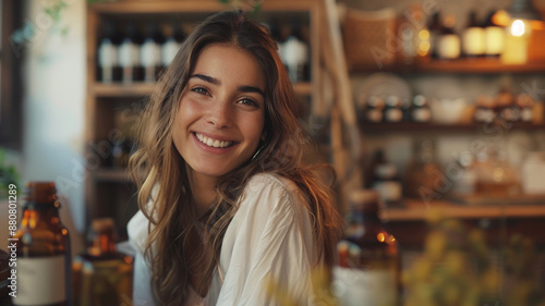 Beautiful smiling woman sitting at table with bottles of essential oil in room
