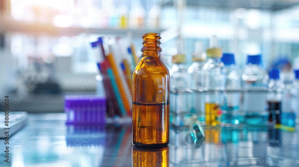 Chemical stored in amber bottle in lab setting with equipment and markers in background Chemical stored in amber bottle in lab setting with equipment and markers in background