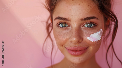 Beautiful woman applying moisturizer cream on her face. Photo of smiling woman with perfect makeup on pink background. Beauty concept