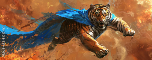 A superhero tiger in a blue cape and mask, flying fiercely on an orange background. The tiger's intense expression and the warm colors create a striking and powerful scene. photo