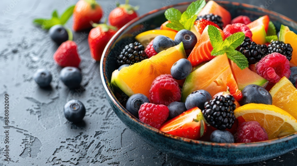 Fruit salad with a mix of fresh berries, melons, and citrus fruits. Fruit salad with a mix of fresh berries, melons, and citrus fruits.
