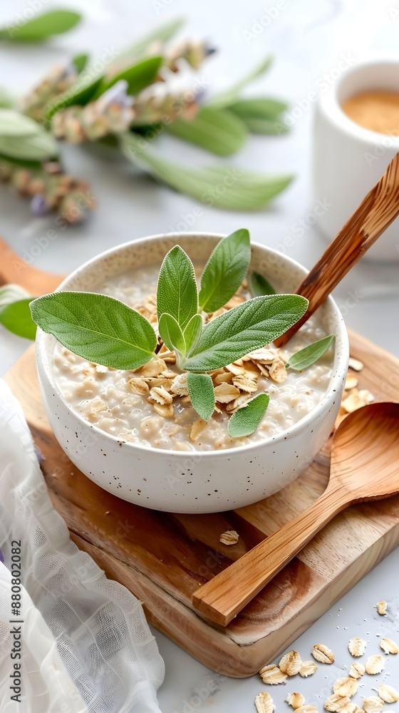 Aromatic Oatmeal Breakfast with Fresh Sage Leaves in Ceramic Bowl Aromatic Oatmeal Breakfast with Fresh Sage Leaves in Ceramic Bowl