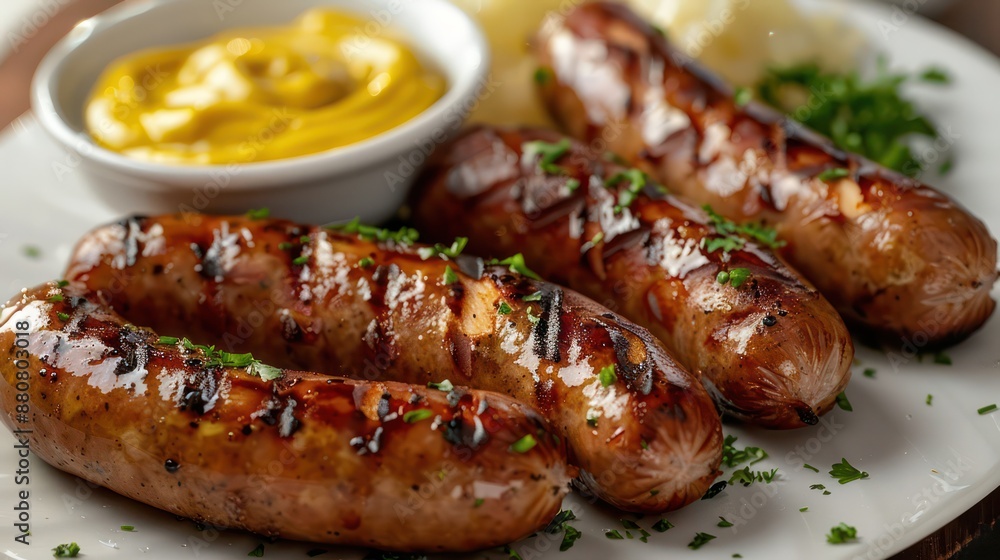 Grilled sausages with a side of mustard and sauerkraut. Grilled sausages with a side of mustard and sauerkraut.