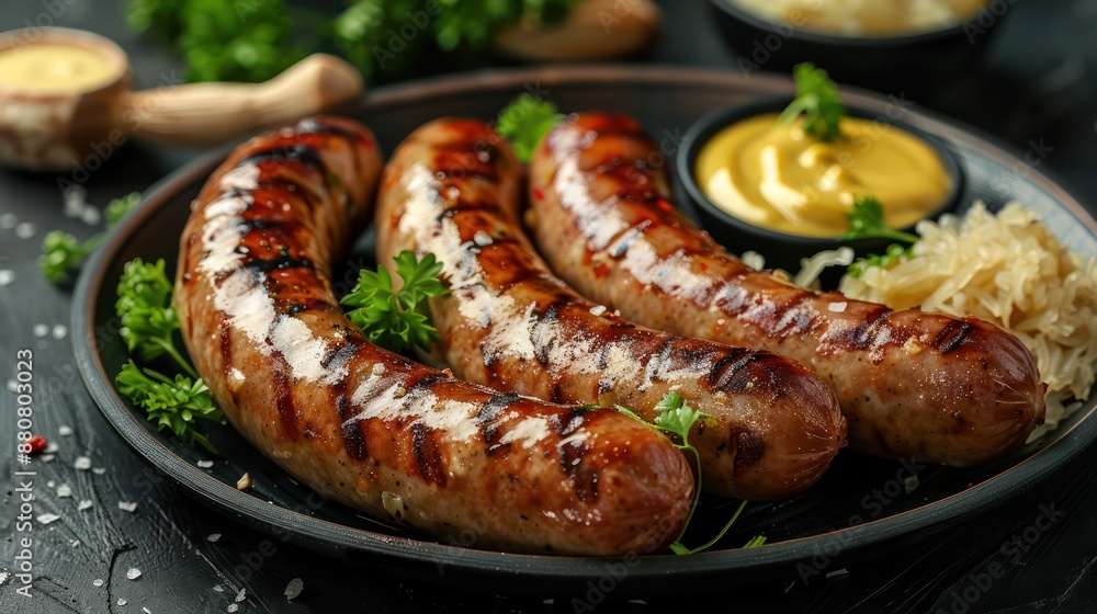 Grilled sausages with a side of mustard and sauerkraut. Grilled sausages with a side of mustard and sauerkraut.