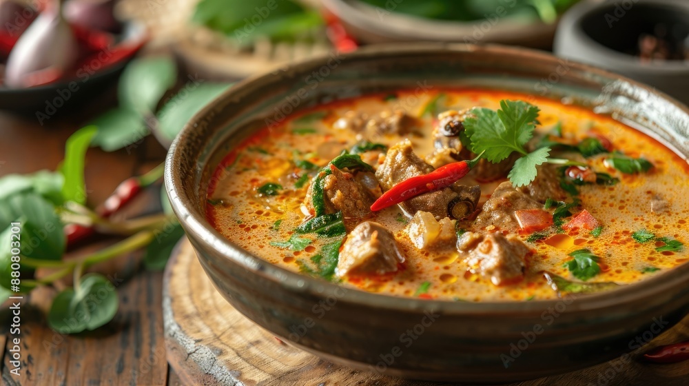 Steaming Bowl of Aromatic Thai Spicy Curry Soup with Fresh Herbs and Tender Meat Steaming Bowl of Aromatic Thai Spicy Curry Soup with Fresh Herbs and Tender Meat
