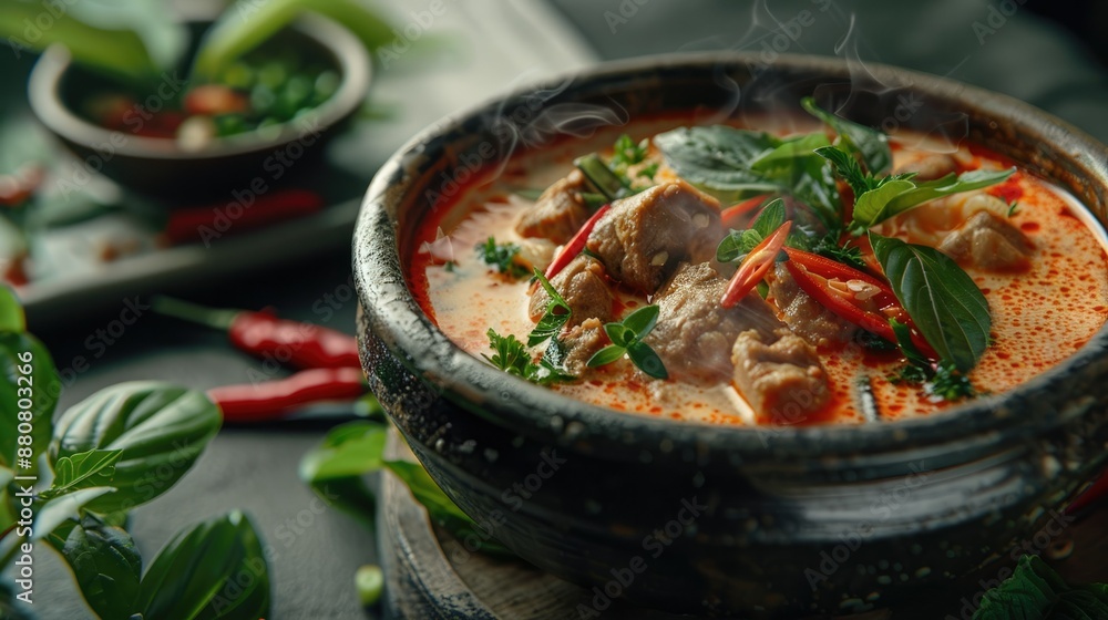 Steaming Bowl of Aromatic Thai Spicy Curry Soup with Fresh Herbs and Tender Meat Chunks Steaming Bowl of Aromatic Thai Spicy Curry Soup with Fresh Herbs and Tender Meat Chunks