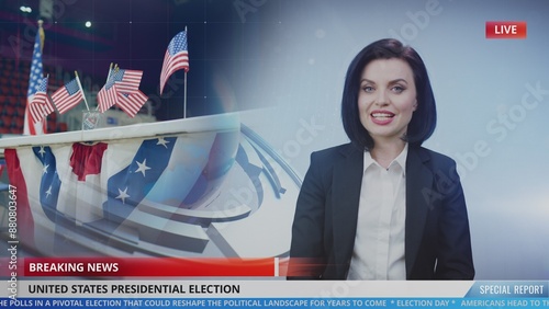 Female news anchor in studio reports breaking news about voting on US Presidential Election. Video story shows highlights from polling station. Playback of broadcast for TV channel. Television content photo