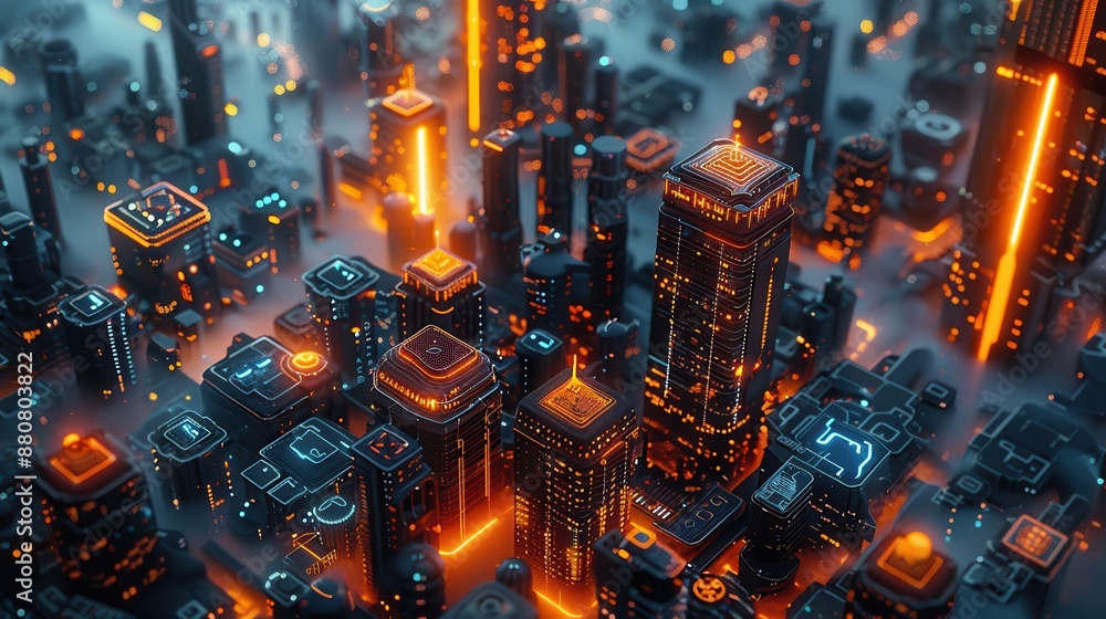 Illuminated Futuristic Cityscape with Advanced Architecture as Seen from Above Illuminated Futuristic Cityscape with Advanced Architecture as Seen from Above