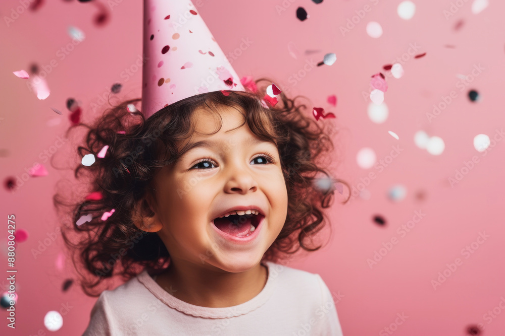 Portrait of happy excited satisfied amused little birthday girl wearing festive cap with colorful confetti on a pink background Portrait of happy excited satisfied amused little birthday girl wearing festive cap with colorful confetti on a pink background