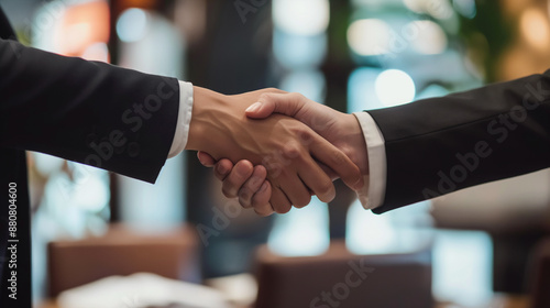 Two men shaking hands in an expansive room with a window