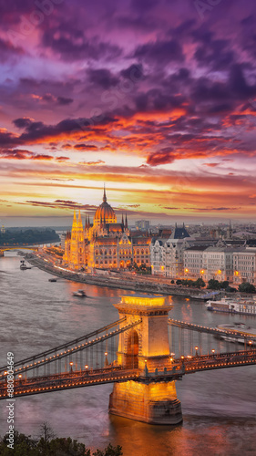 Obraz na płótnie Night scene at river Danube and famous building of Hungarian Parliament and Chain Bridge w salonie