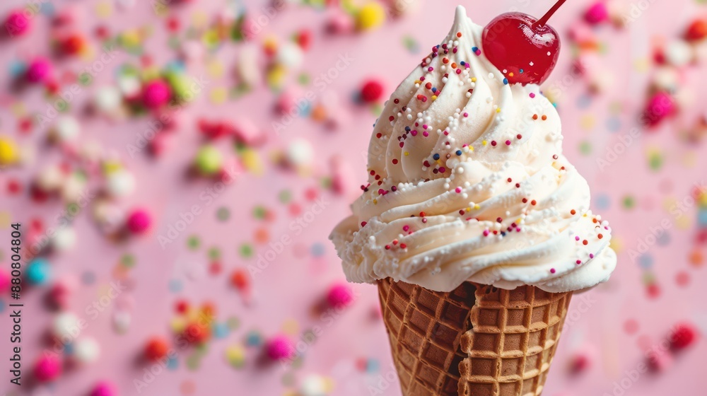 An ice cream cone with sprinkles and a cherry on top. An ice cream cone with sprinkles and a cherry on top.