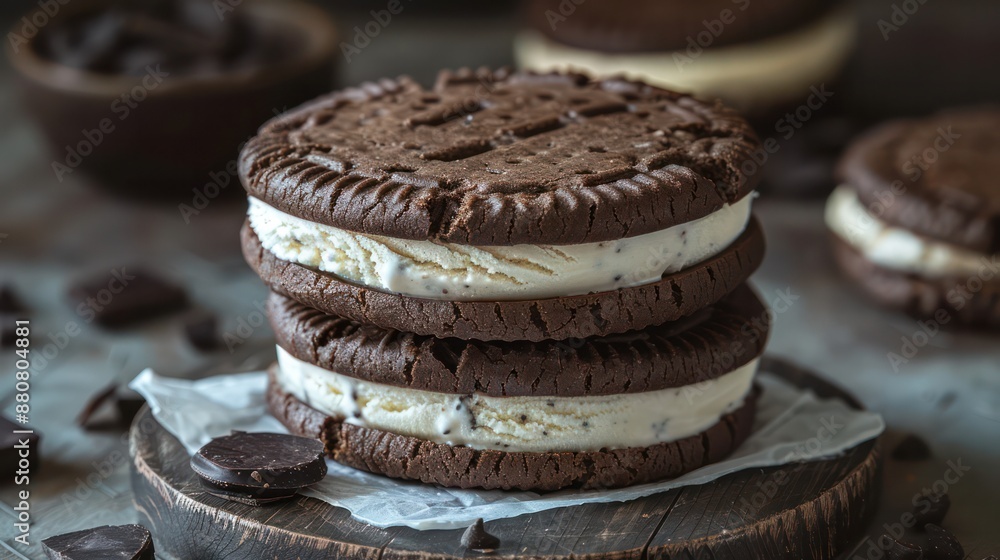 Ice cream sandwich with chocolate cookies and vanilla ice cream Ice cream sandwich with chocolate cookies and vanilla ice cream
