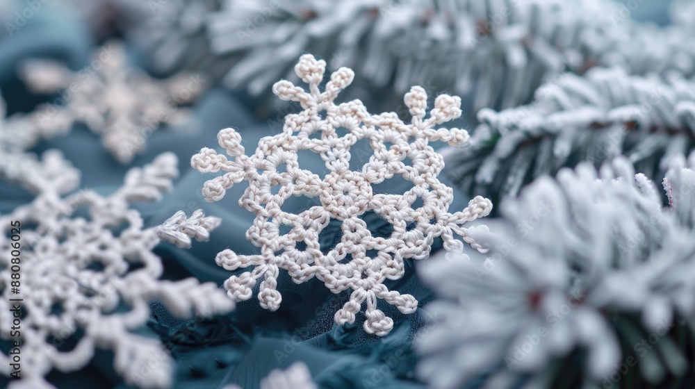 A detailed view of a unique snowflake resting on a tree branch A detailed view of a unique snowflake resting on a tree branch