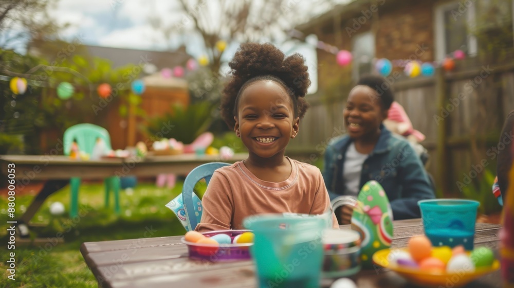 A african american young girl smiles at the camera while sitting at a picnic table with friends A african american young girl smiles at the camera while sitting at a picnic table with friends