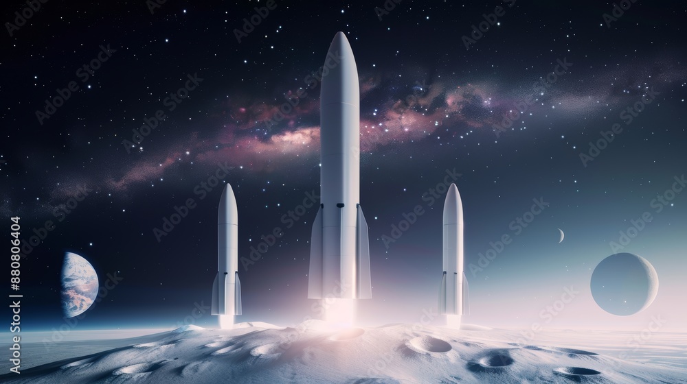 Hyper Future Rockets Futuristic rocket with a smooth steel surface, set against a backdrop ...