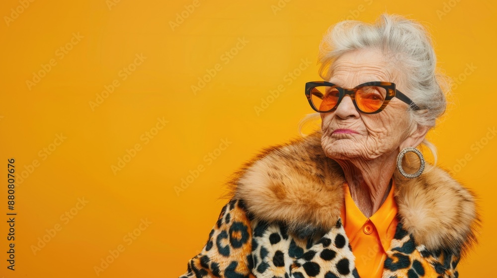 Φωτογραφία A senior woman with reading glasses and a stylish leopard print coat