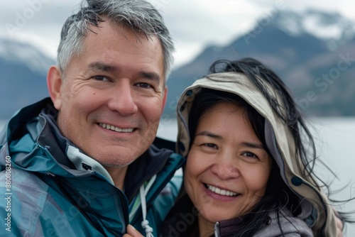Portrait of a happy multicultural couple in their 40s wearing a functional windbreaker on panoramic mountain vista © CogniLens