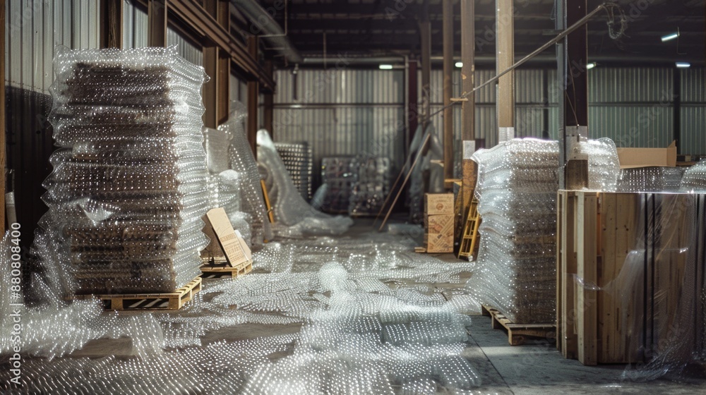 A large warehouse filled with many plastic bottles A large warehouse filled with many plastic bottles
