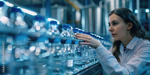 A person working in a manufacturing facility examines containers of drinking water