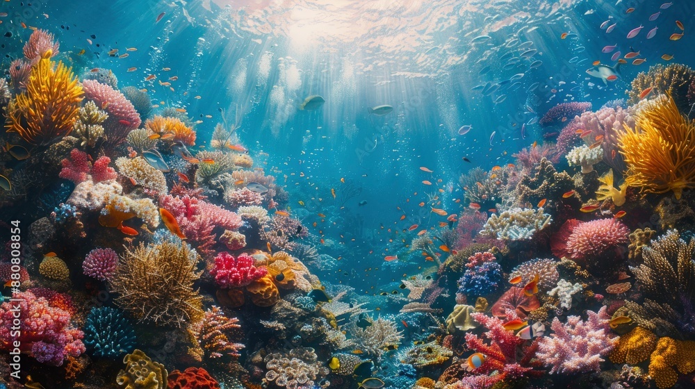 Naklejka premium A vibrant coral reef ecosystem, with fish of all sizes weaving through intricate coral structures