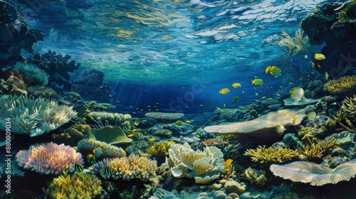 An underwater vista of a coral reef plateau, with schools of surgeonfish grazing on algae
