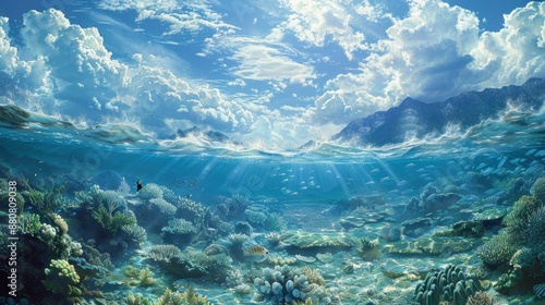 An underwater vista of a coral reef plateau, with schools of surgeonfish grazing on algae