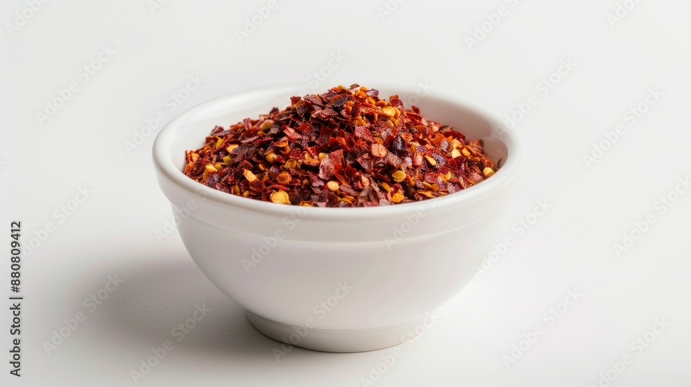 A white bowl filled with spicy red pepper flakes, isolated on a seamless white background. A white bowl filled with spicy red pepper flakes, isolated on a seamless white background.