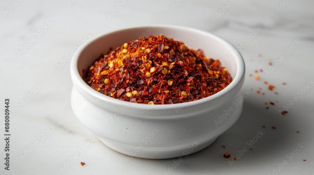 A white bowl overflowing with Gochugaru, showcasing its vibrant color and culinary versatility. A white bowl overflowing with Gochugaru, showcasing its vibrant color and culinary versatility.