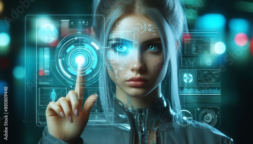 Future woman with cyber technology eye panel concept