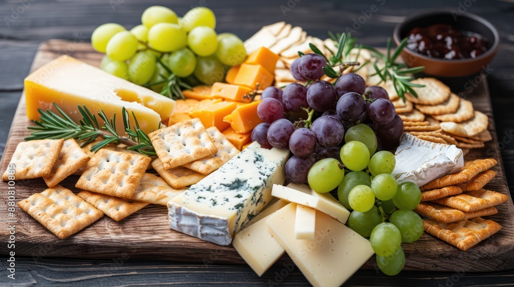 Rustic cheese board with assorted cheeses, crackers, and grapes. Rustic cheese board with assorted cheeses, crackers, and grapes.