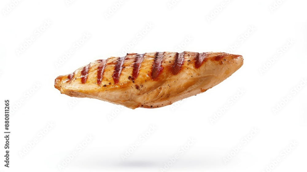 Grilled chicken breast fillet, with charred marks, suspended in mid-air against a simple white background, ideal for culinary themes. Grilled chicken breast fillet, with charred marks, suspended in mid-air against a simple white background, ideal for culinary themes.