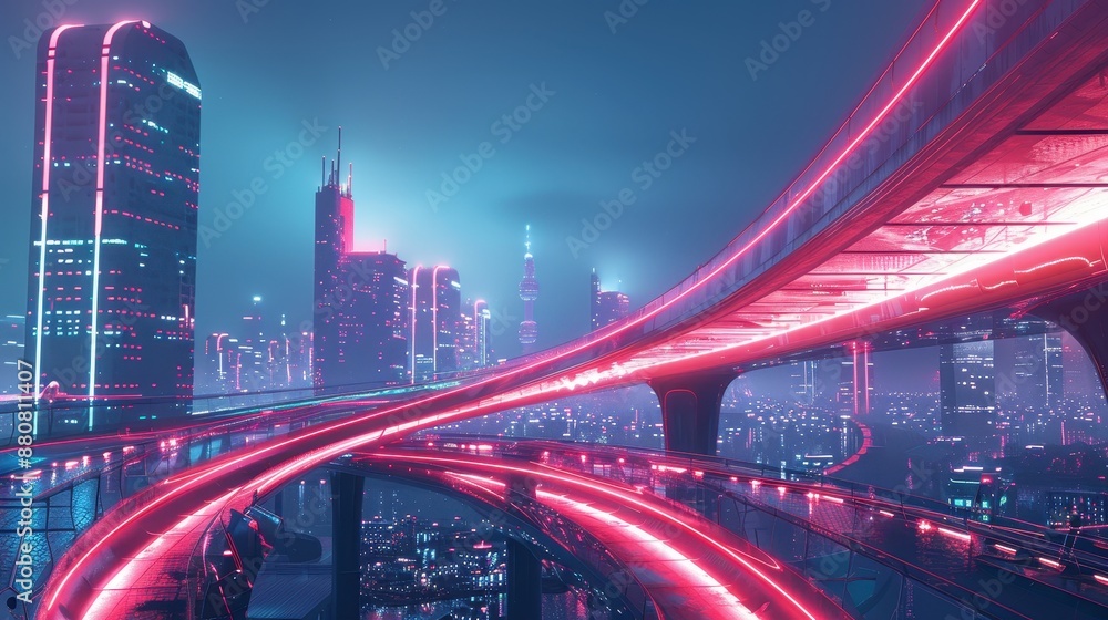 Fototapeta premium Glowing Futuristic Pedestrian Bridge Illuminated with Neon Lights in Contemporary Urban Setting