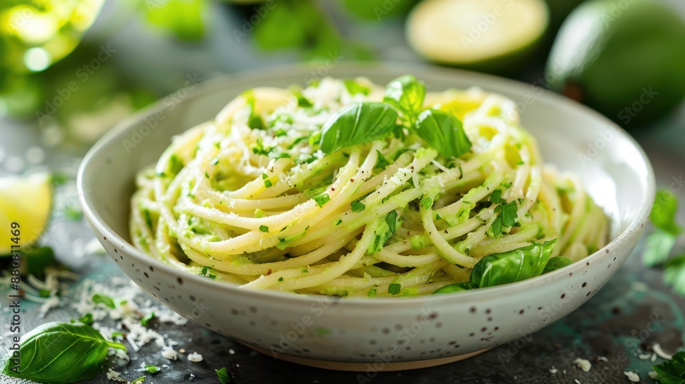 A bowl of pasta with green vegetables and cheese A bowl of pasta with green vegetables and cheese