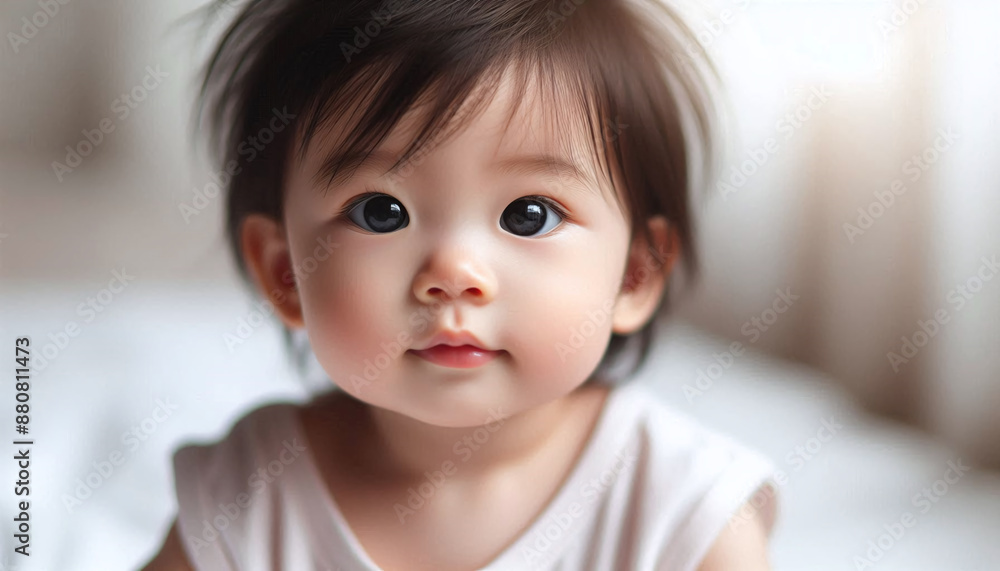 Close-up portrait of a cute baby looking, blurred white background Close-up portrait of a cute baby looking, blurred white background