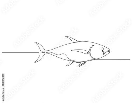 Continuous one line drawing of tuna. One line drawing illustration of tuna fish. Marine animal concept continuous line art. Editable outline.