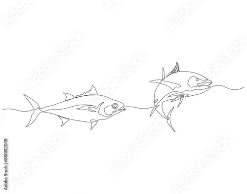 Continuous one line drawing of tuna. One line drawing illustration of tuna fish. Marine animal concept continuous line art. Editable outline.