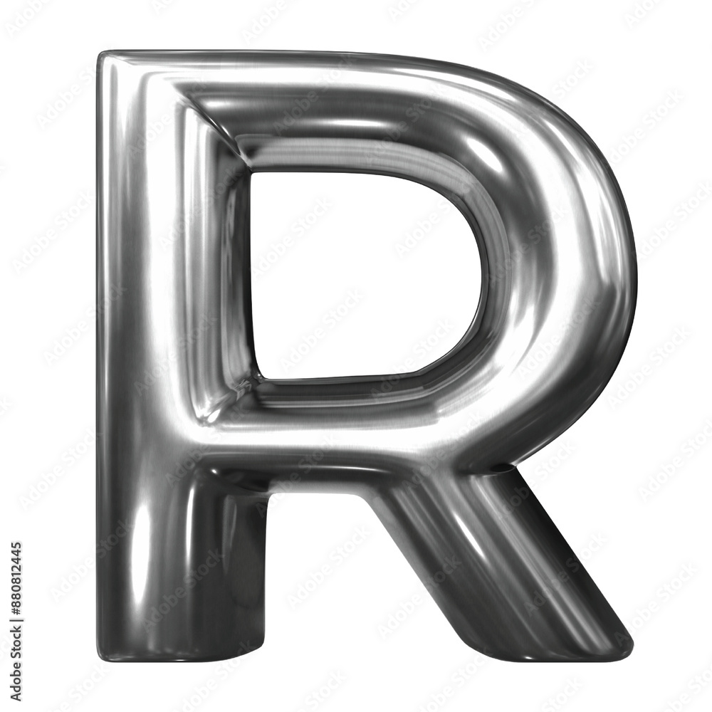 Obraz premium A glossy, reflective 3D letter R with a fluid droplet design and silver or chrome gradient, Abstract fluid droplet shape, glossy smooth shiny reflective surface with metallic silver gradient.