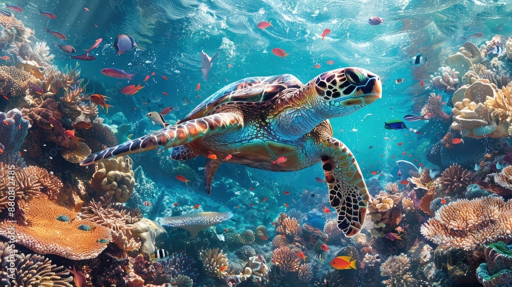 Fototapeta premium A sea turtle nesting among the coral formations, surrounded by a cloud of colorful reef fish