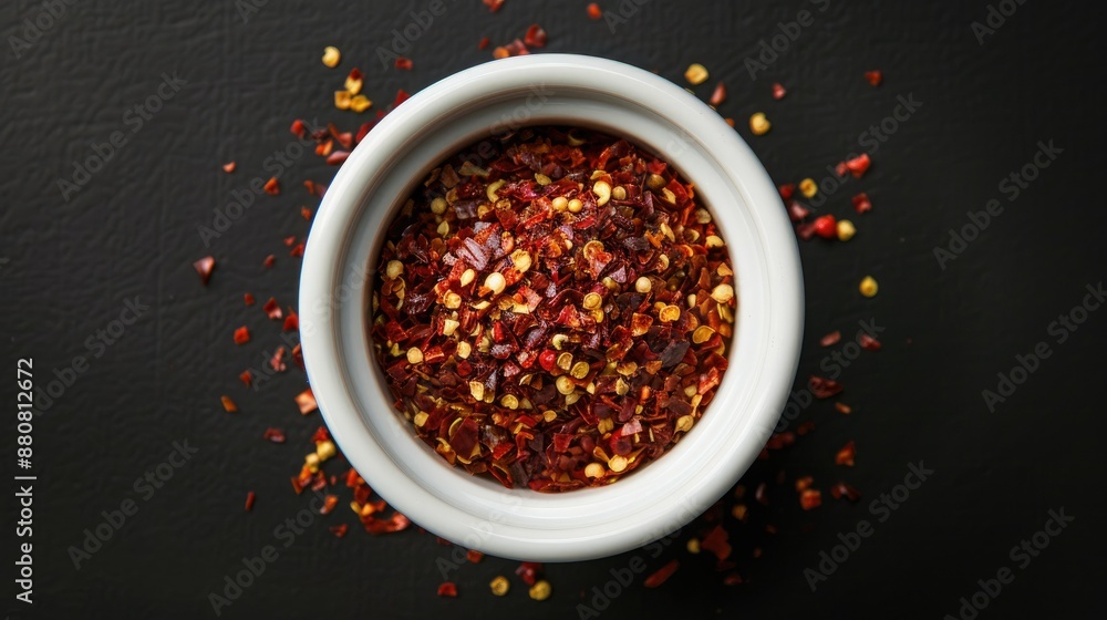 Top view of red pepper flakes in a ceramic white bowl, ideal for Asian cuisine and culinary backgrounds. Top view of red pepper flakes in a ceramic white bowl, ideal for Asian cuisine and culinary backgrounds.