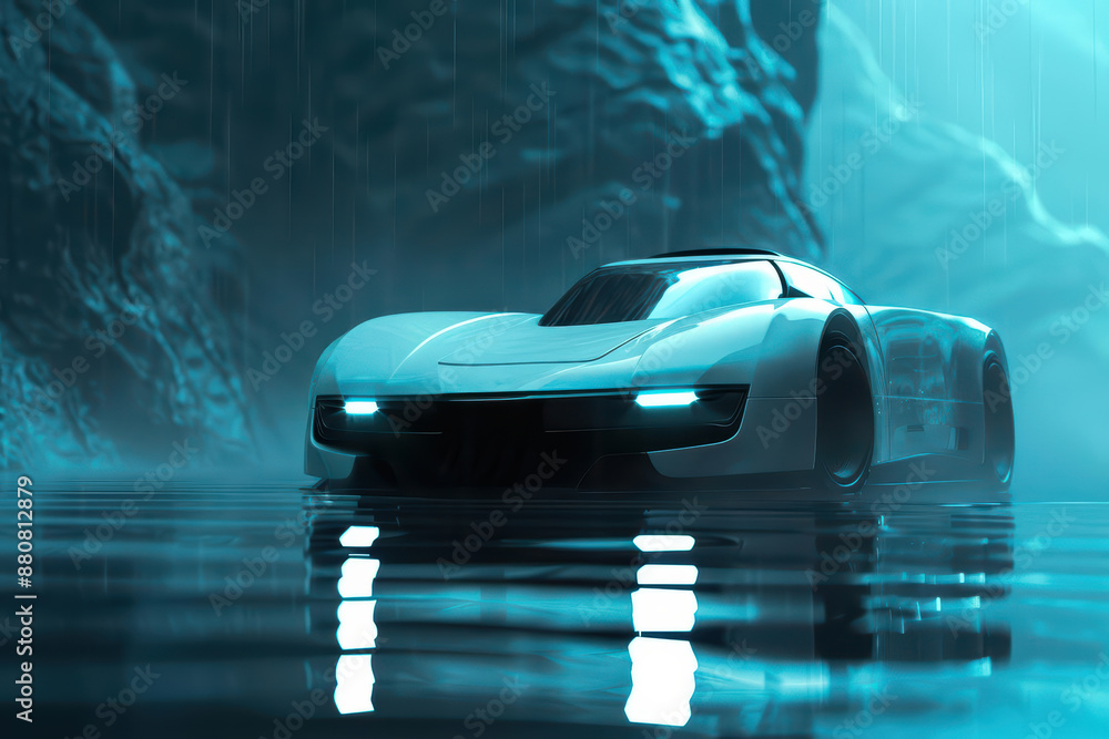 A hightech car with the elegance of a swan glides across a supernatural scene of shimmering lakes, with copy space A hightech car with the elegance of a swan glides across a supernatural scene of shimmering lakes, with copy space